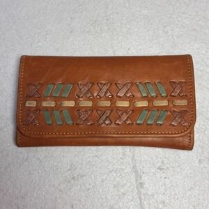 American West Cognac Leather Western Tri-Fold‎ Wallet Tooled Whipstitch Inlay